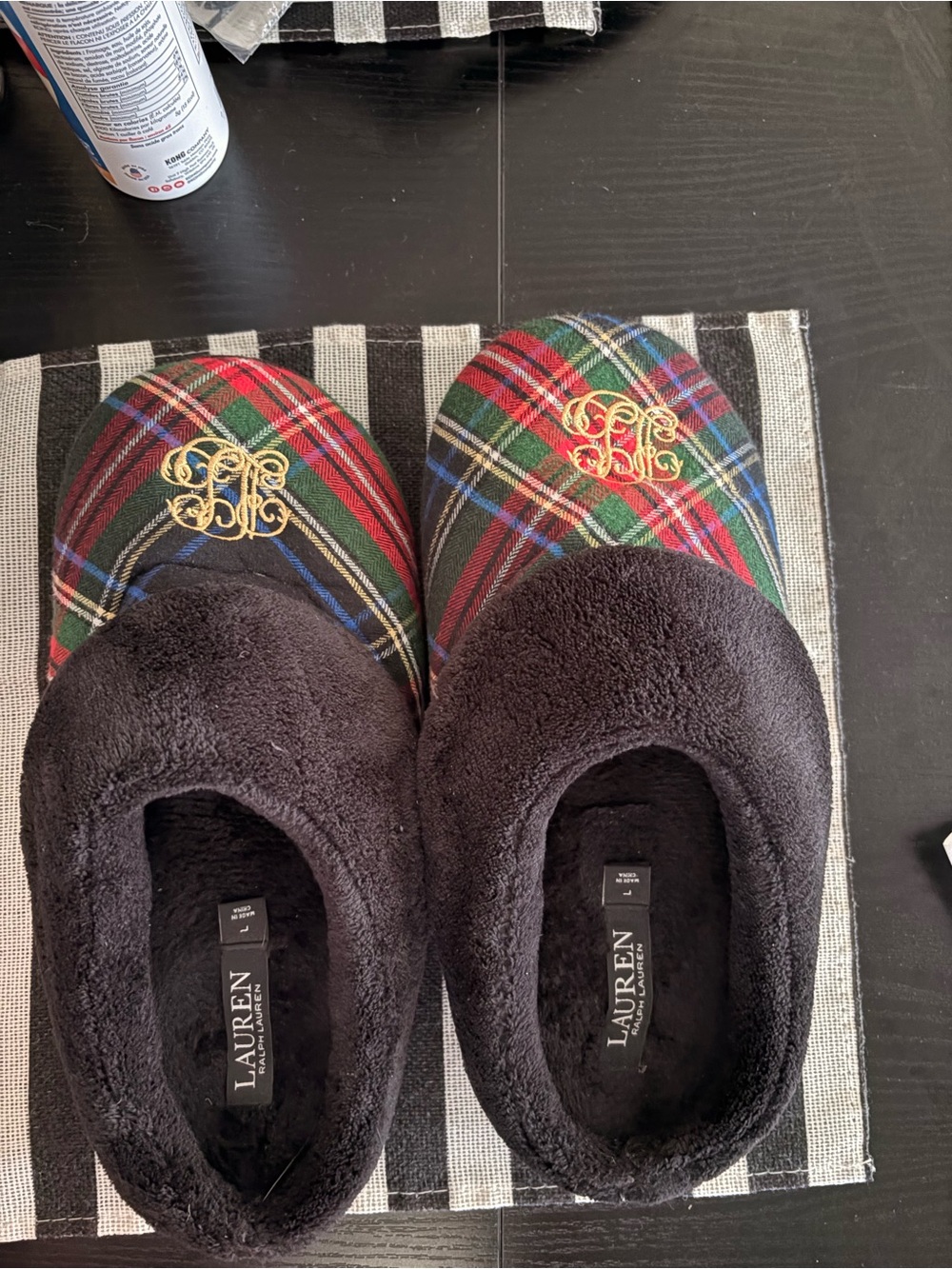 Ralph Lauren Black Plush Logo Holiday Slippers